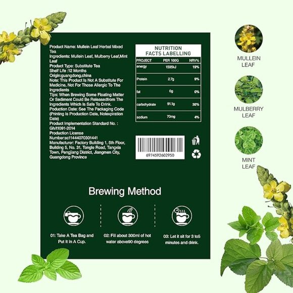 Mullein Leaf Herbal Mixed Tea, Caffeine Free, 20 Tea Bags/NEW - Picture 2 of 3